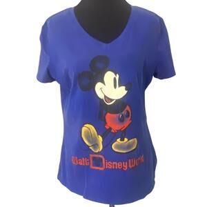 Walt Disney World Mickey Mouse Blue V Neck T Shirt Womens Size XL Graphic Tee